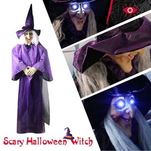 Andra evenemangsfestleveranser Halloween Decor Animated Purple Witch Hanging House Prop Decorations Led Eyes Home Decoracin 230826