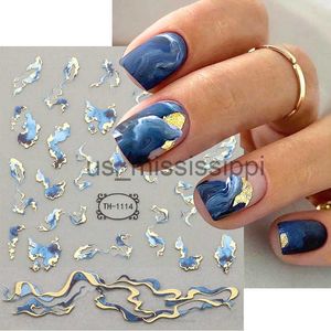 Falska naglar 3D Golden Wave Line Nail Sticker Marmor Blue Geometry Abstract Flowers Nail Art Sliders Decals Foils Manicure Decorations X0826