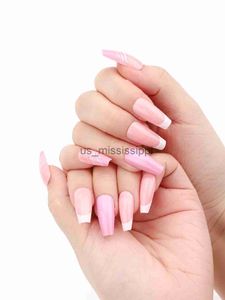 FALSE NAILS A 24st Fake Nail Sticker Long Ballet Ice Powder Gradient Color Twill Line Temperament Enkelt avtagbart slitage X0826