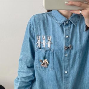 Kvinnors blusar Autumn 2023 Pocket Brodery Mushroom Shirt denim Långärmad topp