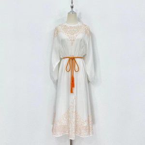 Casual Dresses Fyion Summer Runway Embroidery Dress 2023 Women Bohemian Vintage Linen Holiday Vestidos Long Party Robes
