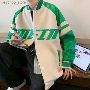 PU Leather Jacket Men's Autumn Loose Casual Contrast Color Coat Embroidery Single-breasted Stand Collar Baseball Uniform Tops Q230826