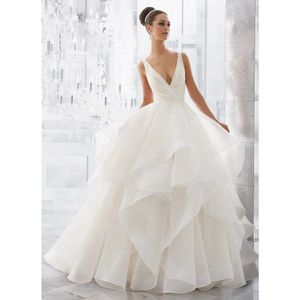 Princess White Organza Wedding Dresse 2023 Elegant Ruffles V Neck Sexy A-line Bridal Formal Gown Vestidos De Noiva