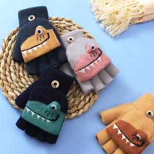 Children s Mittens Toddler Kids Winter Knitted Fingerless Cartoon Gloves Thick Warm Outdoor Writing Convertible Flip Top Half Finger 6 10Y 230826