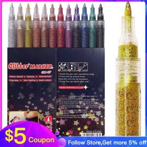 Markörer 12 Sparkle Color Paint Markers Acrylic Glitter Paint Marker Pens Ultra Fine Point 0,7 mm färgpennor för stenmålning DIY Hantverk 230826