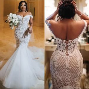 Sexig utanför axeln sjöjungfru bröllopsklänningar 2023 arabiska aso ebi spetsar backless vestidos de novia court tåg brudklänningar plus