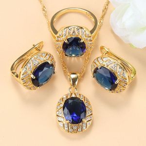 Indietro Lussuosi set di gioielli da sposa di grandi dimensioni con collana di costumi da sposa africani in pietra blu naturale e set di anelli di orecchini a clip