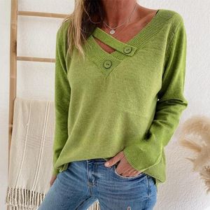 Damenpullover, modisch, V-Ausschnitt, dekorative Schrägschnalle, eleganter Pendler-Langarm-Damenpullover, fester, lässiger, lockerer Top-Pullover