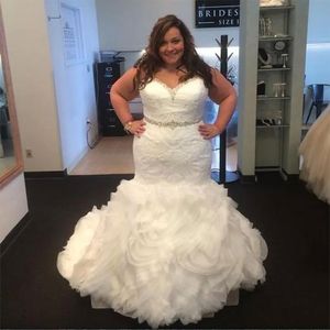 Quality Mermaid Top Wedding Sweetheart Neckline Lace Bodice Ruffles Organza Skirt Beaded Bridal Plus Size Dresses