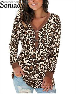 Damen T-Shirt 2022 Herbst Damen Solide Leopardenmuster Tops Knopf V-Ausschnitt Langarm T-Shirt Damen Mode Streetwear Casual Straight Tees T230826
