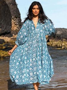 Grundläggande avslappnade klänningar tryckta veckade lykta ärmar Kvinnaklänning Löst spets Halva öppen krage Kvinnaklänning 2023 Spring/Summer Beach Women's Dress T230825