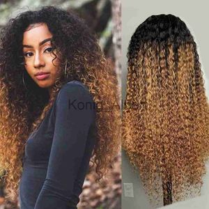 Synthetic Wigs Kinky Curly Wigs Highlight Curly 13X4X1 Lace Wigs Dark Root Ombre Brown Honey Blonde Synthetic Wigs Pre Plucked Baby Hair x0826