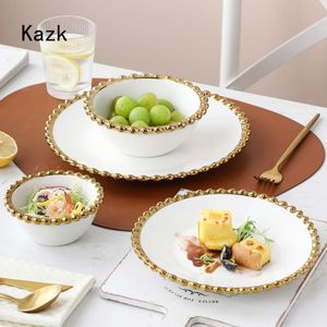 Pratos Pratos Luz Luxo Golden Pearl Cerâmica Prato Nordic Western Jantar e Tigelas Espaguete Sobremesa Salada Prato Talheres 230825