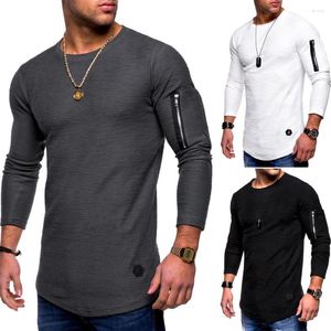 Men's T Shirts Solid Color Round Neck Long-sleeved T-shirt Arm Zipper Stitching Personality Style Long