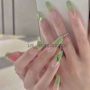 False Nails New Love Green Diamond Gradient Fake Nails Press on Nail Designs Art Long Tips False Forms with Glue Stick Stickers Reusable Set x0826