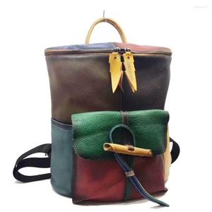 Sacos escolares retro artesanal ccontrast limpe cor mochila tote bolsa de viagem bolsa de couro genuíno emenda mulher pacote de ombro duplo