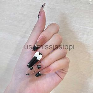 Falsche Nägel Künstliche Nägel Lange schwarze kleine Blume Welle Punkt Schmetterling Nagelaufkleber Komplette Nagelaufkleber 24 Nagelaufkleber mit Kleber SANA889 x0826