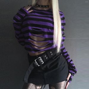 Women's T Shirts Hollow Out Sexy T-shirt Women Long Sleeve Crop Tops Club Gothic Ripped Female Streetwear Harajuku Style Daily Outfit