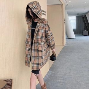 24 new medium long trench coat Fashion checkered coat light hooded coat