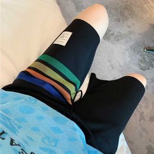 Men's Shorts 2023 New Tb Spring/summer Colorful Striped Knitted Ice Hemp Shorts Loose Straight Sleeve Capris Men's and Women's Casual Couple Pants