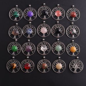 33x40mm Tree of Life Alloy Natural Stone Heart Pendant Energy Rose Quartz Opal For Girls Women Gift Necklace Jewelry Making Wholesale