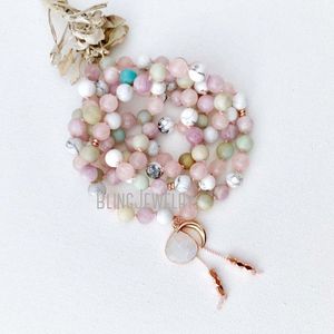 Collane Mn34506 Collana Mala della dea della luna curativa Pietra di luna Howlite Quarzo rosa Ite Kunzite 108 Perle di preghiera Mala