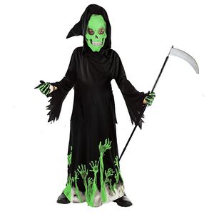 Ocasiões especiais brilham no escuro assustador Grim Reaper Costume para crianças meninos e meninas Halloween Phantom Scythe 230825