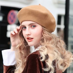 Berets 100% Wolle Baskenmütze Frauen Winter Dicke Französisch Mädchen Einfarbig Herbst Kappen Hüte Für Flache Kappe Filz 230825