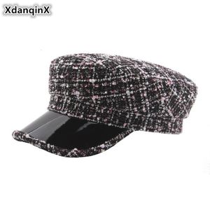 Berets XdanqinX Winter Women's Flat Cap Plaid Elegant Army Military Hats Thick Cotton Yarn Fashion Bright Silk Hip Hop Caps For Women 230825