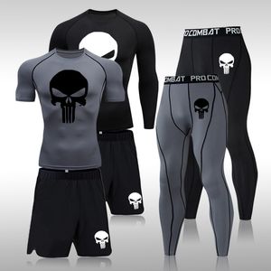 Tute da uomo Set di compressione da uomo MMA T-shirt a maniche lunghe o corte Pantaloni attillati da uomo Fitness Bodybuilding Abbigliamento Teschio Rashguard Tute sportive 230825