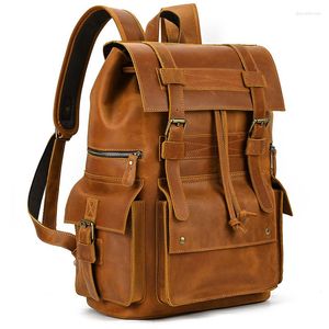 Sacos escolares Chegadas Mochila de couro Luxo Homem Real Cowskin Saco de viagem Homens Masculino Vintage 17 polegadas Laptop Daypack