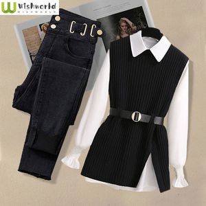Calças femininas de duas peças grande outono e inverno terno para as mulheres 2023 moda coreana colete camisa casual magro jeans três conjunto 230826