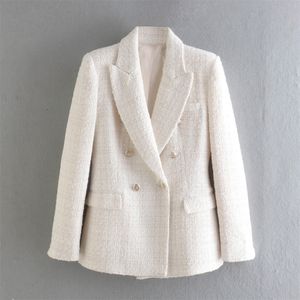 여자 양모 블렌드 여성의 우아한 질감 더블 가슴 트위드 슈트 긴 슬리브 포켓 재킷 여자 세련된 거리 상단 230825