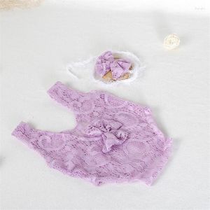 Kläder set baby flicka romper tieback född spets outfit dusch present pannband set po props