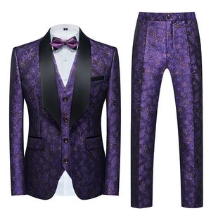 Мужские костюмы Blazers Purple Men 3 штуки подходят для цветочного рисунка Slim Fit Один пуговица Blazer wails Pants Партия свадебный банкет Prom Tuxedo 230826