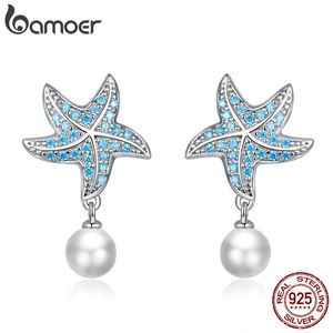 Fascino Argento sterling 925 Orecchini a forma di stella marina con zirconi blu oceano Orecchini pendenti con perle di conchiglia per le donne Gioielleria raffinata BSE405 230825