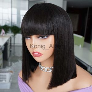 Sentetik peruklar kısa bob peruk ile patlama mono üst siyah renk glueless insan saç perukları düz Hint saç orta kısım 2*1 saçaklı x0826