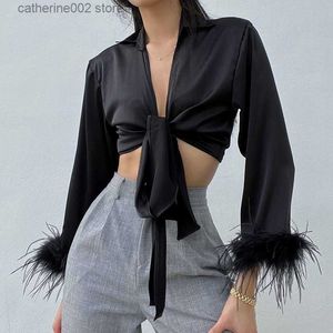 Koszulka damska 2023 Elegancka koszulka z piórami moda wiosna satynowa koronkowa koszulka bowtie damska seksowna uliczna odzież top garnitur t230826