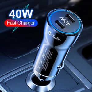 Dual PD Type C CAR Зарядное устройство 40W USB-C Power Adapters Quick Charigng для iPhone 13 14 Pro Max Samsung S22 S23 Примечание 20 Huawei Plablet Pc