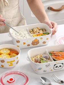 Bowls Microwavable Special Heating Lunch Box Office Worker Ceramic Partition With Lid Bento Square Sealed Fresh-keeping Bowl Students