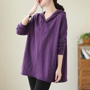 Women's T Shirts Cotton Women Shirt Hooded Autumn Spring Solid Color 2023 Pullovers Basic Tops Korean Fashion Loose Casual Female