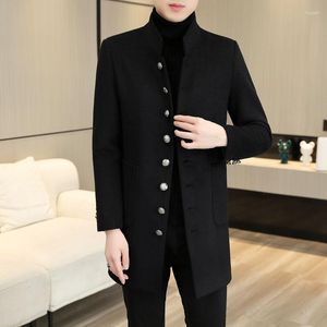 Herrgravrockar Elegant gentleman retro England Mens Long Jackets Slim Fit Vintage British Style Stand Mandarin Collar Overcoats