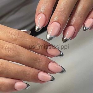 False Nails 24Pcs Silver French Almond False Nails Detachable Acrylic Fake Nails Full Cover Press on Nails With Jelly Stickers Nail Art Tips x0826