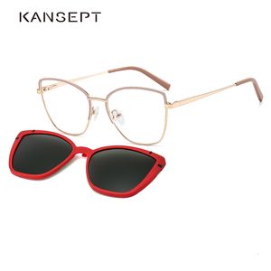 Modische Sonnenbrillenfassungen KANSEPT Cat Eye Metall 2-in-1-Clip auf magnetischem Brillengestell für Damen, optische Myopie-Brillen, polarisierte Sonnenbrillen B23109 230825