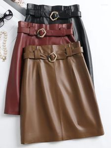Skirts High Quality Leather Skirt For Women Kawaii Square Buckle Belt Versatile Sheepskin Jupe Femme OL Burgundy White Midi Wrap Saias