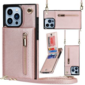 Crossbody Square Zipper Phone Case for iPhone 15 14 13 12 Pro Max Samsung Galaxy S23 S21 Ultra S22 Plus S21FE Multiple Card Slots Leather Wallet Chain Bracket Shell