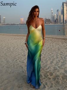 Grundläggande avslappnade klänningar Sampic Satin Print Sexig Maxi Bodycon Beach Dress Summer Women Dye Tie Backless Elegant Party Holiday Outfits 230825