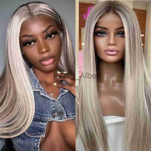 Synthetische Perücken Highlight Synthetische 13X1 Lace Front Perücken Aschblond Ombre Braun bis Blonde Perücke Leimlose vorgezupfte Spitzenperücken Party Täglich Cosplay x0826