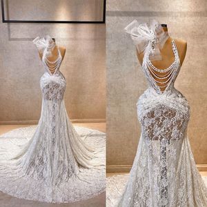 Sexy Halter Mermaid Wedding Dresses Sweep Train Pearls Lace 3D-Floral Appliques Bridal Gowns Sleeveless Illusion Bodice Slim Fit Dress