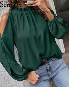 T-shirt feminina Moda de cor sólida cor de chiffon fêmea do ombro de mangas compridas Tops de pescoço de renda 2022 Camisa de pulôver de outono T230826